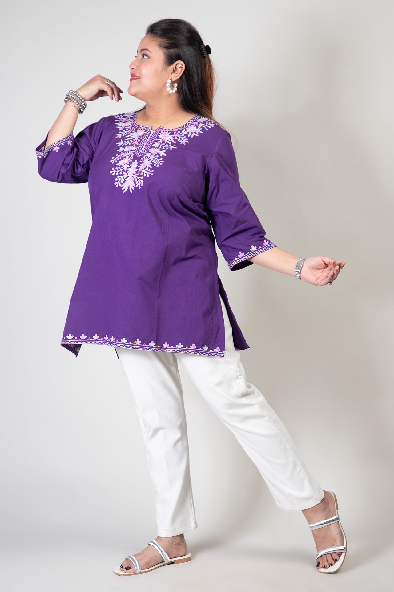 Purple Coloured Premium Kashmiri Short cotton Kurti Styled with small V-slit cut at Front and graced with light Multi Colour Floral Aari Work embroidery