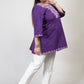 Purple Coloured Premium Kashmiri Short cotton Kurti Styled with small V-slit cut at Front and graced with light Multi Colour Floral Aari Work embroidery