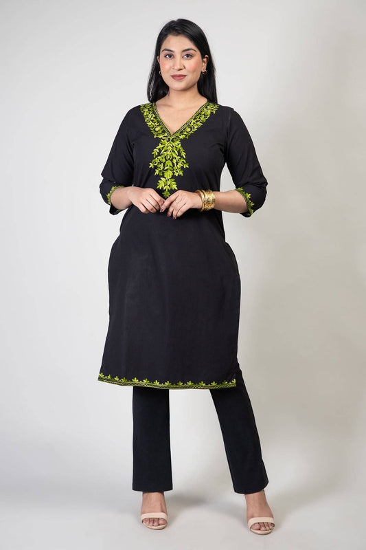 Black Premium Kashmiri Cotton Kurti with Two Tone Green Aari Work