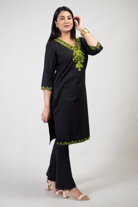 Black Premium Kashmiri Cotton Kurti with Two Tone Green Aari Work
