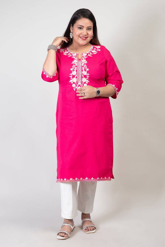 Rose Pink Long Cotton Kurti with Light Tone Kashmiri Aari Embroidery