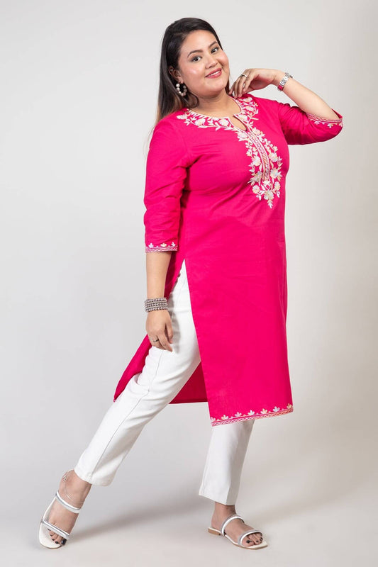 Rose Pink Long Cotton Kurti with Light Tone Kashmiri Aari Embroidery
