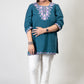 Teal Green Coloured Premium Kashmiri Short cotton Kurti Styled with small V-slit cut at Front and graced with Double shaded Multi Colour Floral Aari Work embroidery