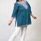 Teal Green Coloured Premium Kashmiri Short cotton Kurti Styled with small V-slit cut at Front and graced with Double shaded Multi Colour Floral Aari Work embroidery