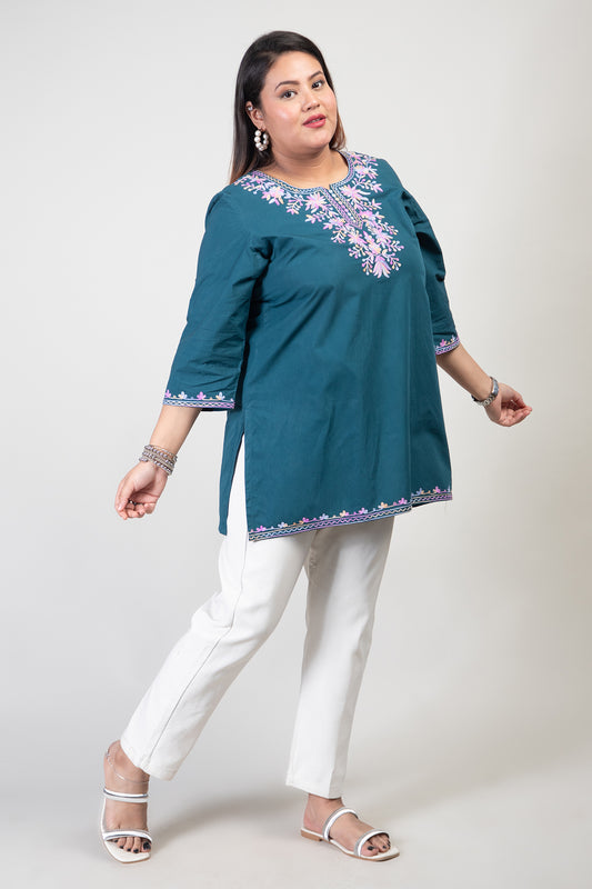Teal Green Coloured Premium Kashmiri Short cotton Kurti Styled with small V-slit cut at Front and graced with Double shaded Multi Colour Floral Aari Work embroidery