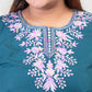 Teal Green Coloured Premium Kashmiri Short cotton Kurti Styled with small V-slit cut at Front and graced with Double shaded Multi Colour Floral Aari Work embroidery