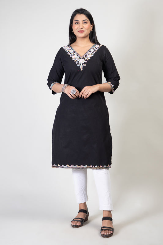 Black Long Cotton Kurti with Minimal Kashmiri Aari Work embroidery