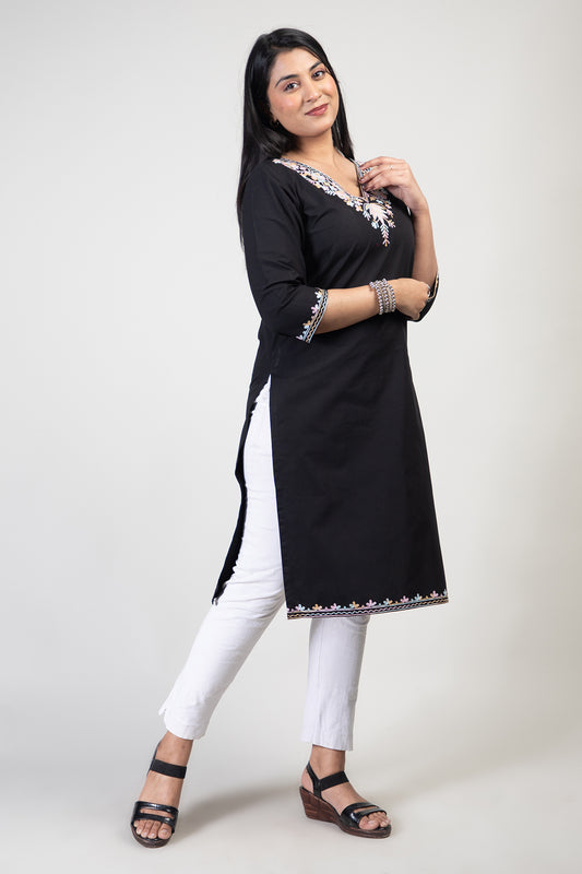 Black Long Cotton Kurti with Minimal Kashmiri Aari Work embroidery