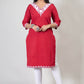 Red Summer Cotton Kurti with White Floral Kashmiri Aari Work