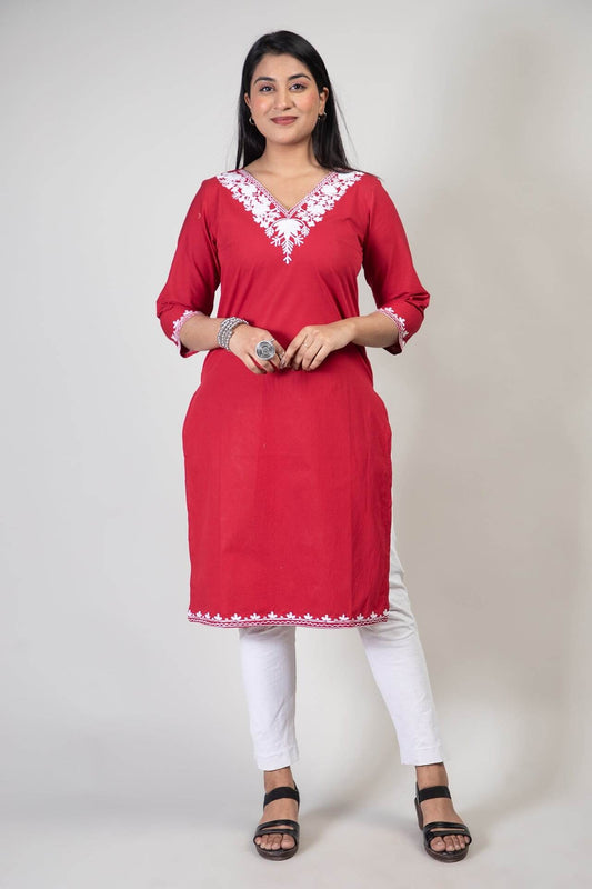 Red Summer Cotton Kurti with White Floral Kashmiri Aari Work
