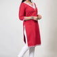 Red Summer Cotton Kurti with White Floral Kashmiri Aari Work