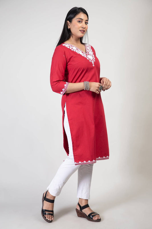 Red Summer Cotton Kurti with White Floral Kashmiri Aari Work