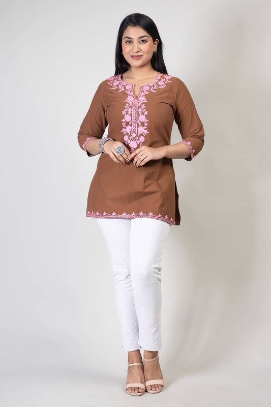 Brown Kashmiri Short Cotton Kurti with Pink Floral Aari Work