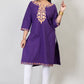 Royal Purple Cotton Kurti with Two Shade Orange Floral Embroidery