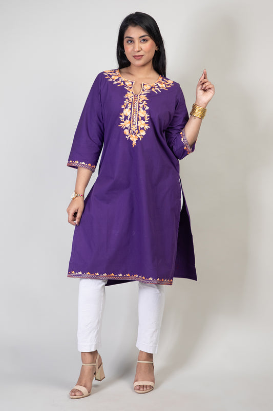 Royal Purple Cotton Kurti with Two Shade Orange Floral Embroidery