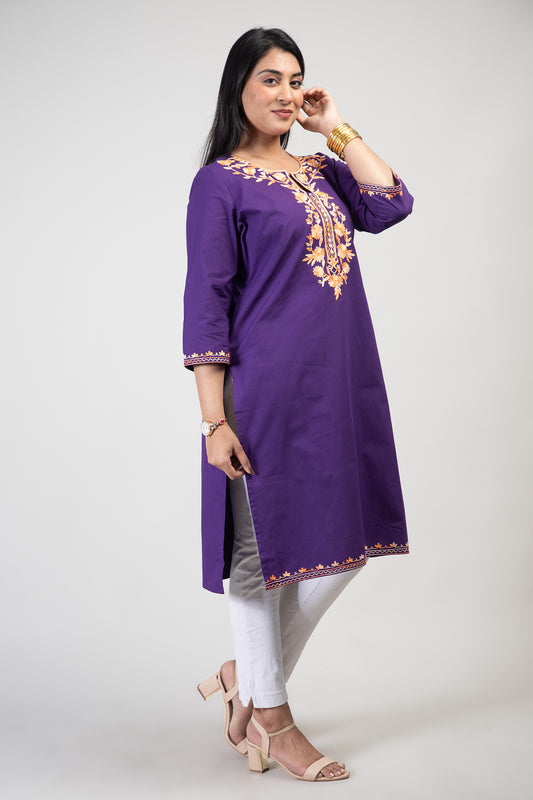 Royal Purple Cotton Kurti with Two Shade Orange Floral Embroidery