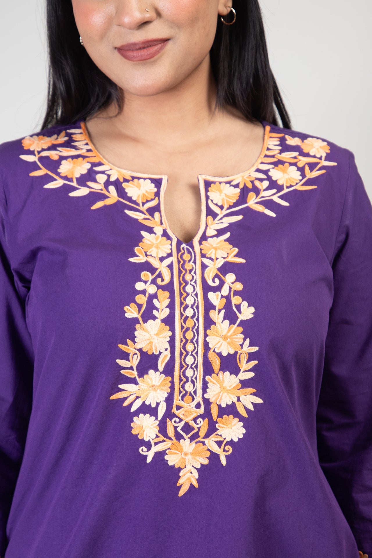 Royal Purple Cotton Kurti with Two Shade Orange Floral Embroidery