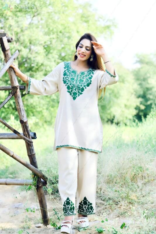 Woolen Light Cream color Kashmiri Short Kurti Cord Set With Green Embroidery