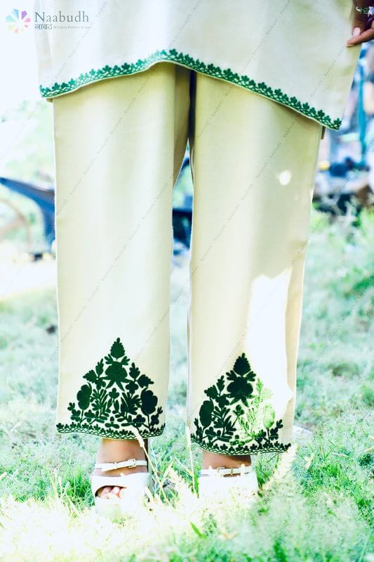 Woolen Light Cream color Kashmiri Short Kurti Cord Set With Green Embroidery