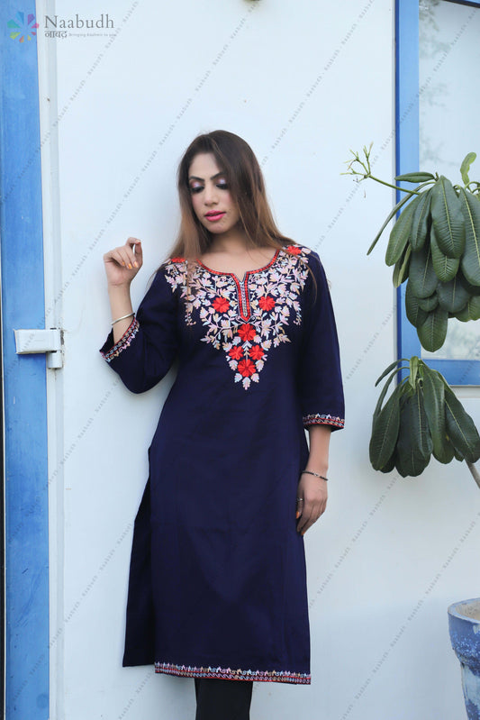 Woolen Long Blue Kashmiri Kurti With Multi Colored Embroidery
